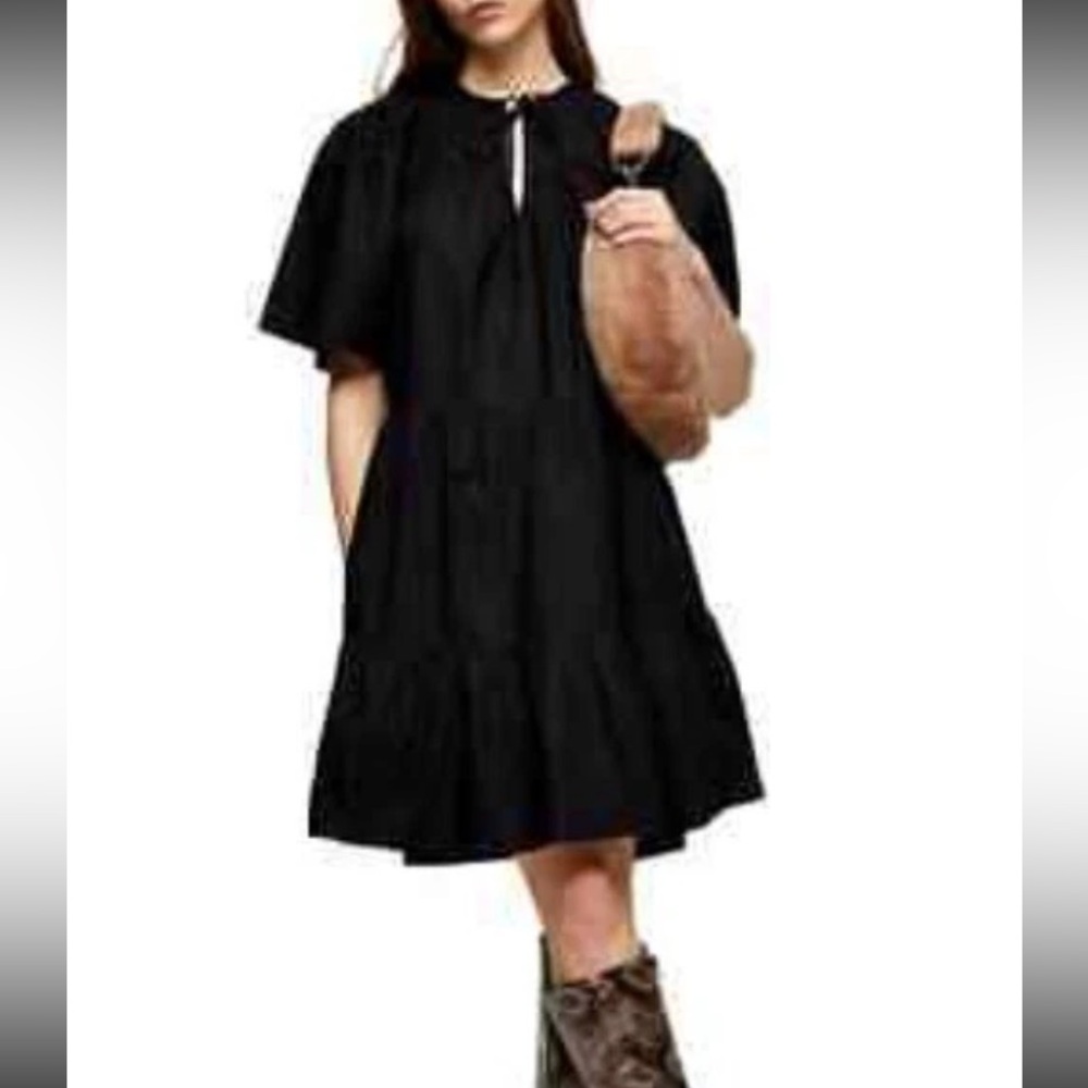 Topshop Women Smocked Poplin Babydoll  Dress Tiered Ruffles Black minimalist‎ 6